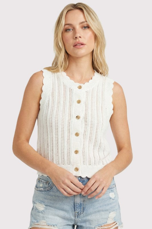 Sleeveless Scallop Hem Button Down Sweater-Off Wht