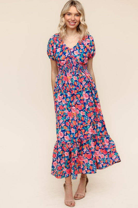Floral V-Neck Bubble Sleeve Smocked Waist Maxi Dress-Navy