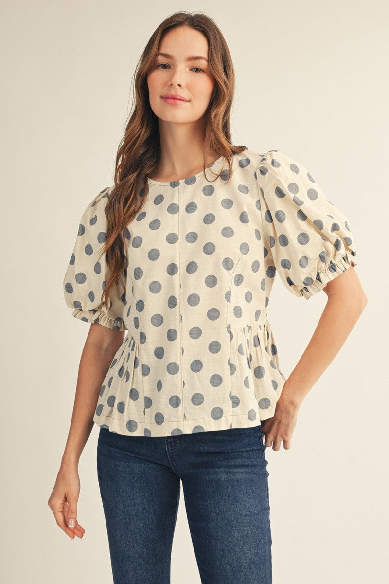 Polka Dot Puff Sleeve Side Pleat Top-Blue