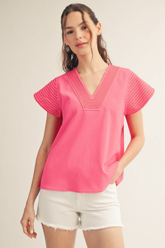Solid Contrast Stitch Detail V-Neck Flutter Sleeve Top