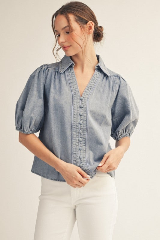 Denim Button Down V-Neck Puff Sleeve Top
