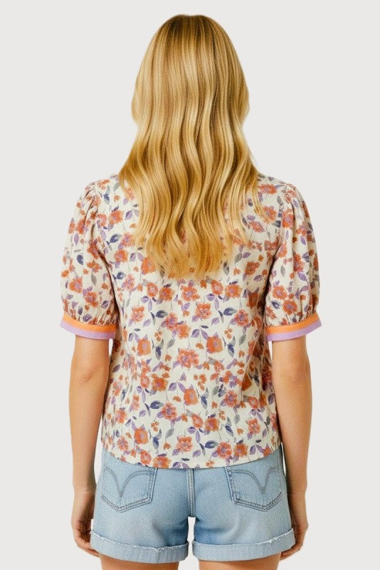 Floral Puff Sleeve Y-Neck Collared Top-Coral