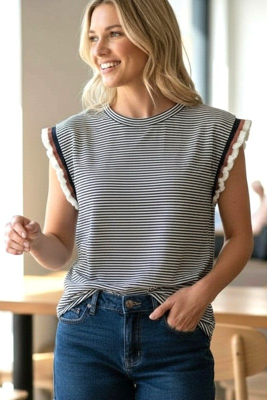 Pinstripe Ruffle Color Block Sleeve Top