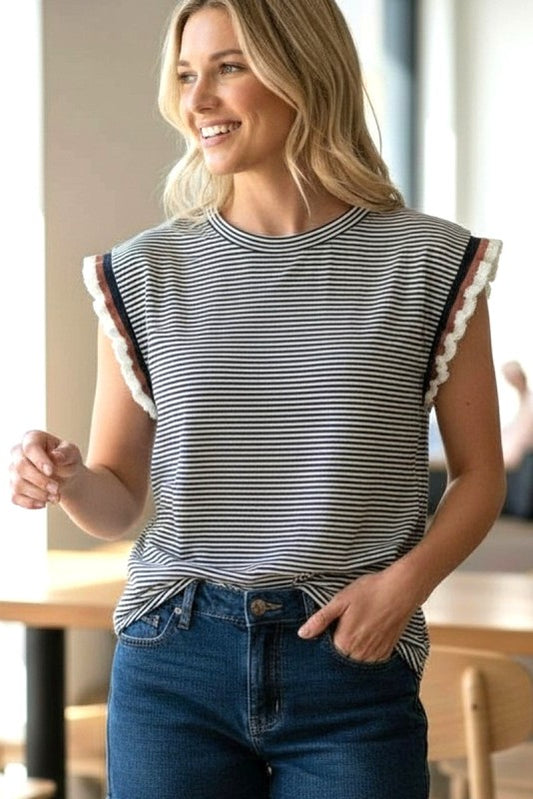 Pinstripe Ruffle Color Block Sleeve Top