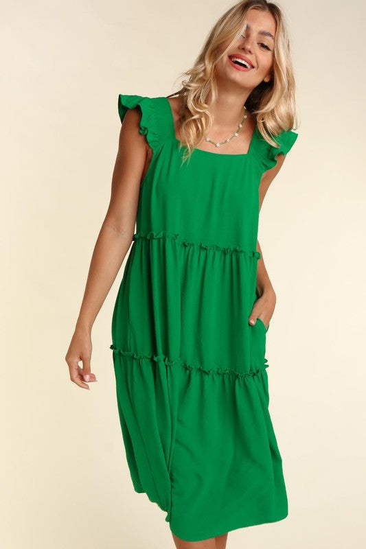 Solid Square Neck Smocked Ruffle Strap Tiered Midi Dress