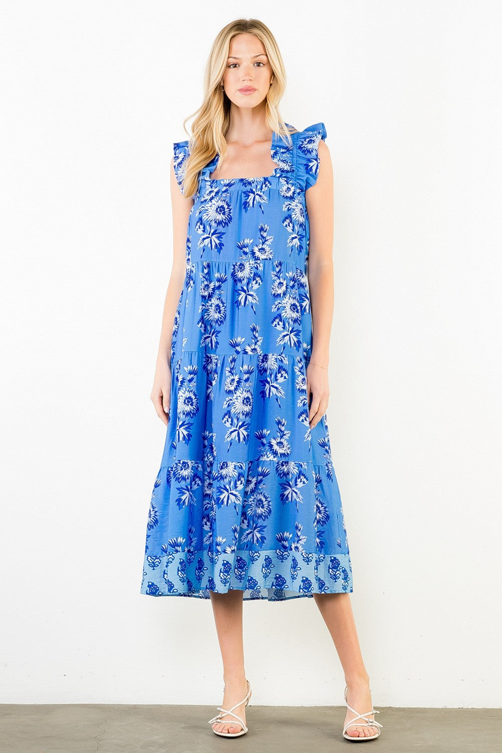 Floral Wide Flutter Strap Tiered Midi Dress-Blue
