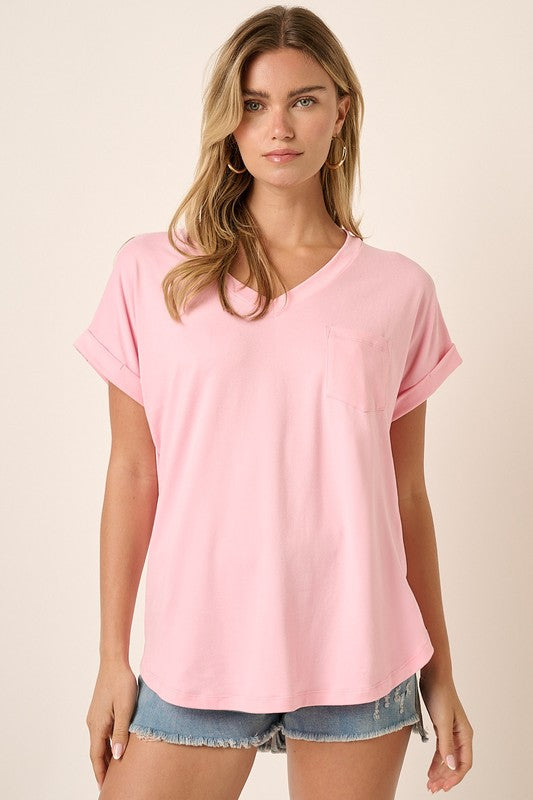 Solid V-Neck Cuffed Sleeve Pocket Top