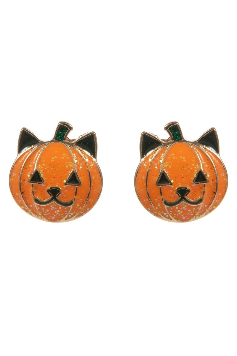 Enamel Pumpkin Cat Stud Earring-Orange
