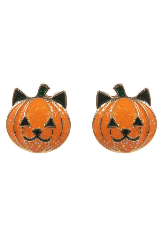 Enamel Pumpkin Cat Stud Earring-Orange