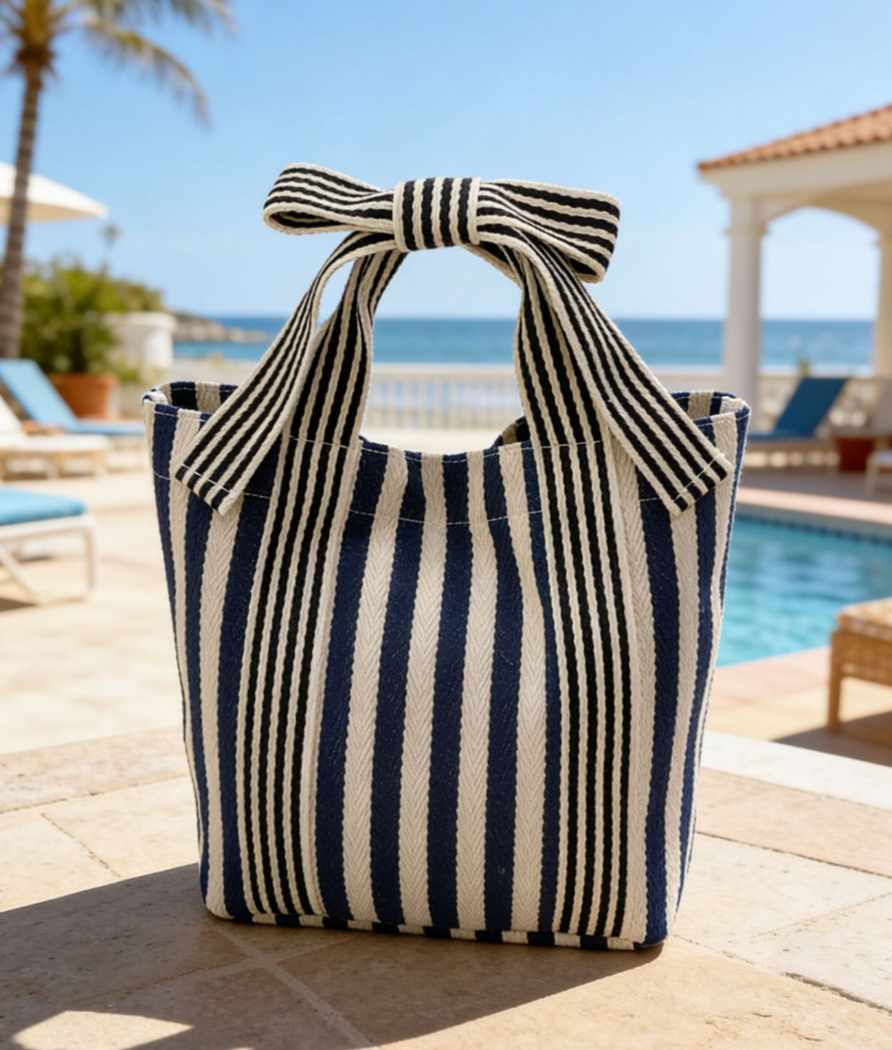 Striped Canvas Tote Bag Bow Handle Bag with Personalization