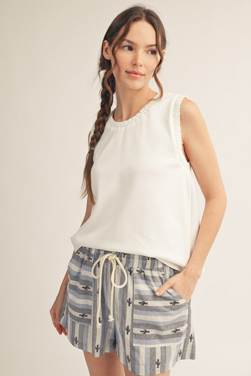 Solid Sleeveless Smocked Edge Top