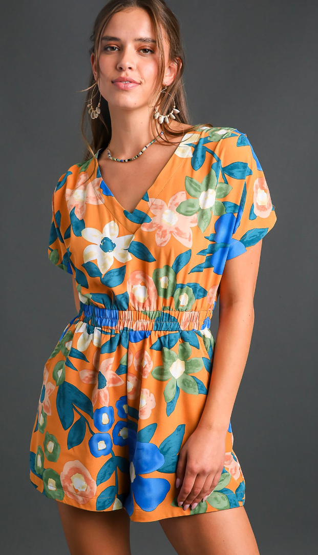 Floral V-Neck Smocked Waist Romper - Yam