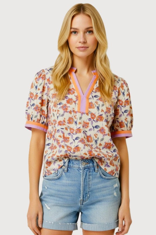 Floral Puff Sleeve Y-Neck Collared Top-Coral