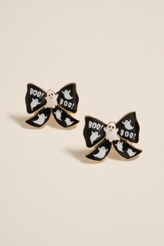 Ghost Boo Enamel Bow Stud Earring-Jet