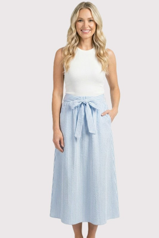 Combo Material Sleeveless Striped Tie Waist Midi Dress-Blue