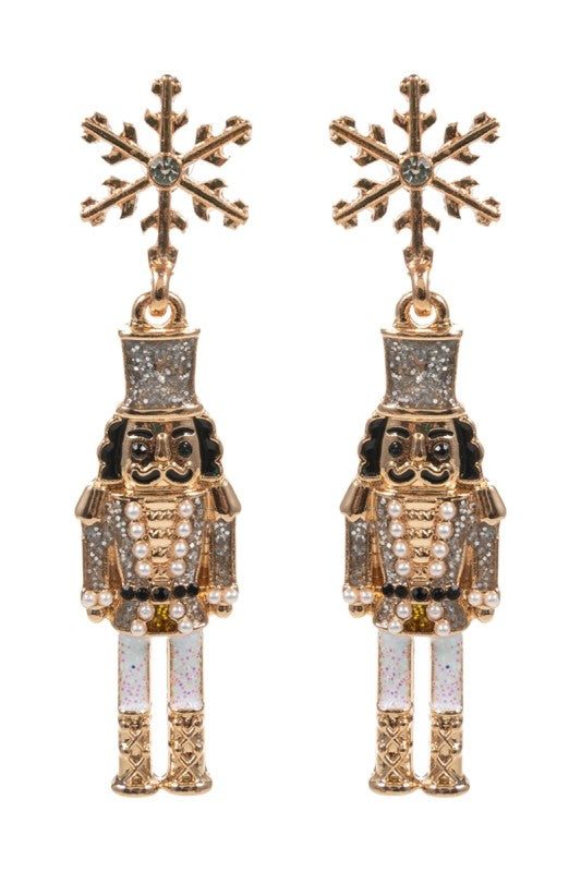Snowflake Enamel Nutcracker Drop Earring-Silver