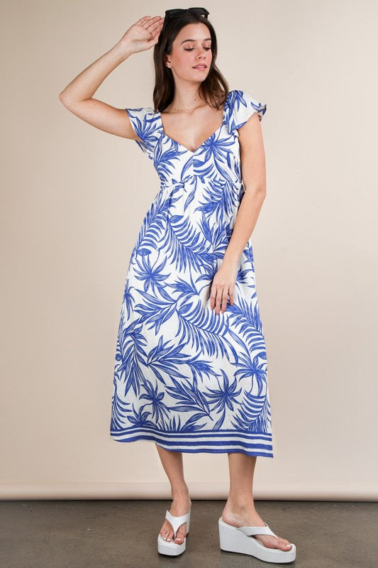 Tropical Print Striped Hem Tie Open Back Midi Dress-Blue
