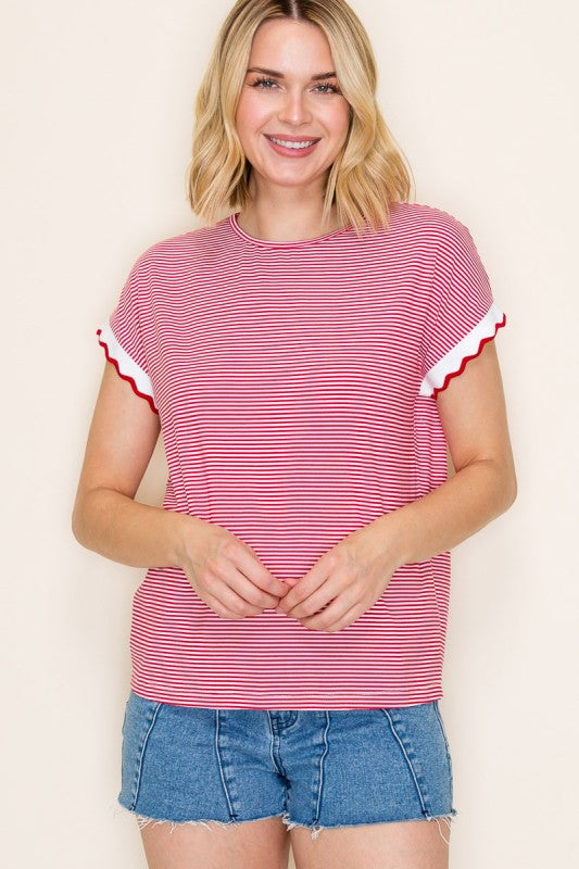 Pinstriped Scallop Edge Sleeve Top