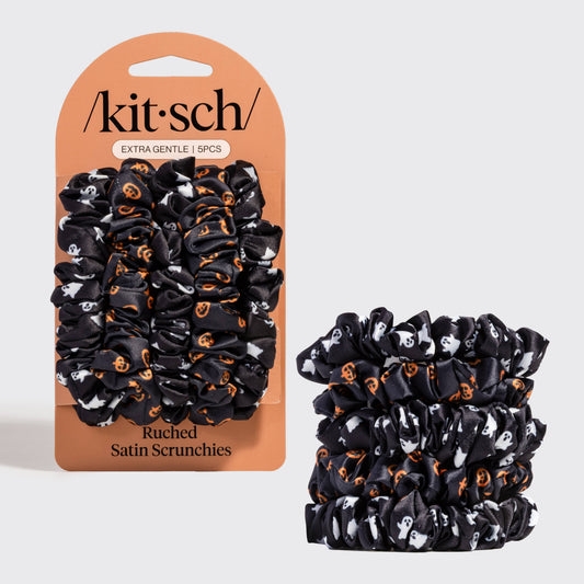 Kitsch Satin Scrunchies 5pc Set - Ghosts & Pumpkins