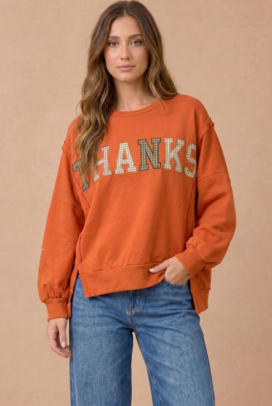 Plaid Patchwork Thanks Terry Slit Pullover-Pumpkin
