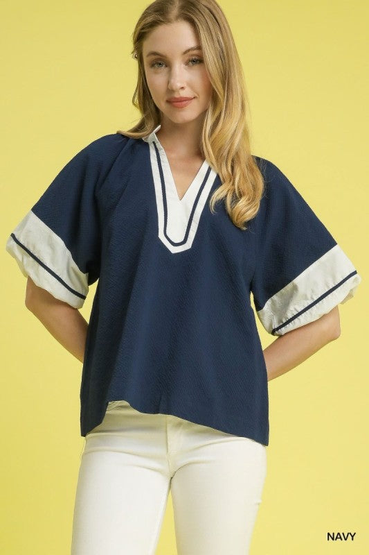 V-Neck Contrast Trim Puff Sleeve Top-Navy