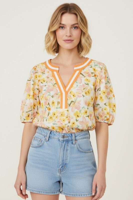 Floral Contrast Stripe Neck Banded Sleeve Top