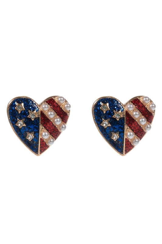 Glitter & Pearl Heart Flag Stud Earring-RWB