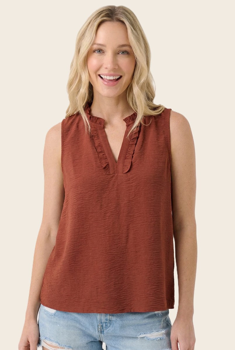 Solid Sleeveless Ruffle Split Neck Top