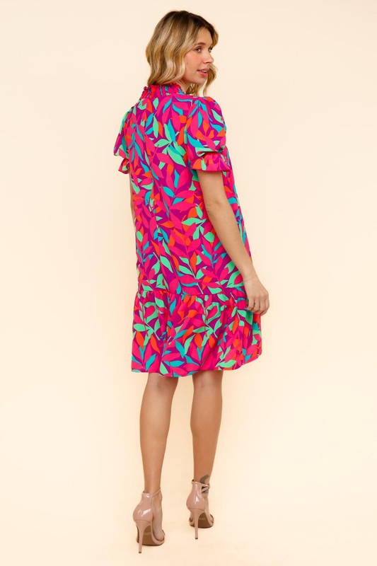 Tropical Leaf Smocked V-Neck Gathered Sleeve Dress-Fuchsia