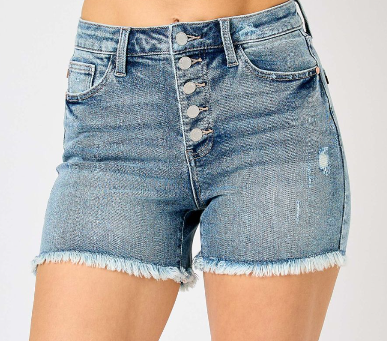 High Waist Button Fly Denim Shorts - Medium