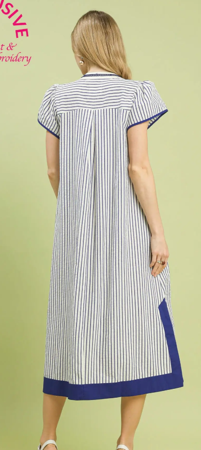 Striped Large Flower Applique Flutter Sleeve Midi Dress-Blue