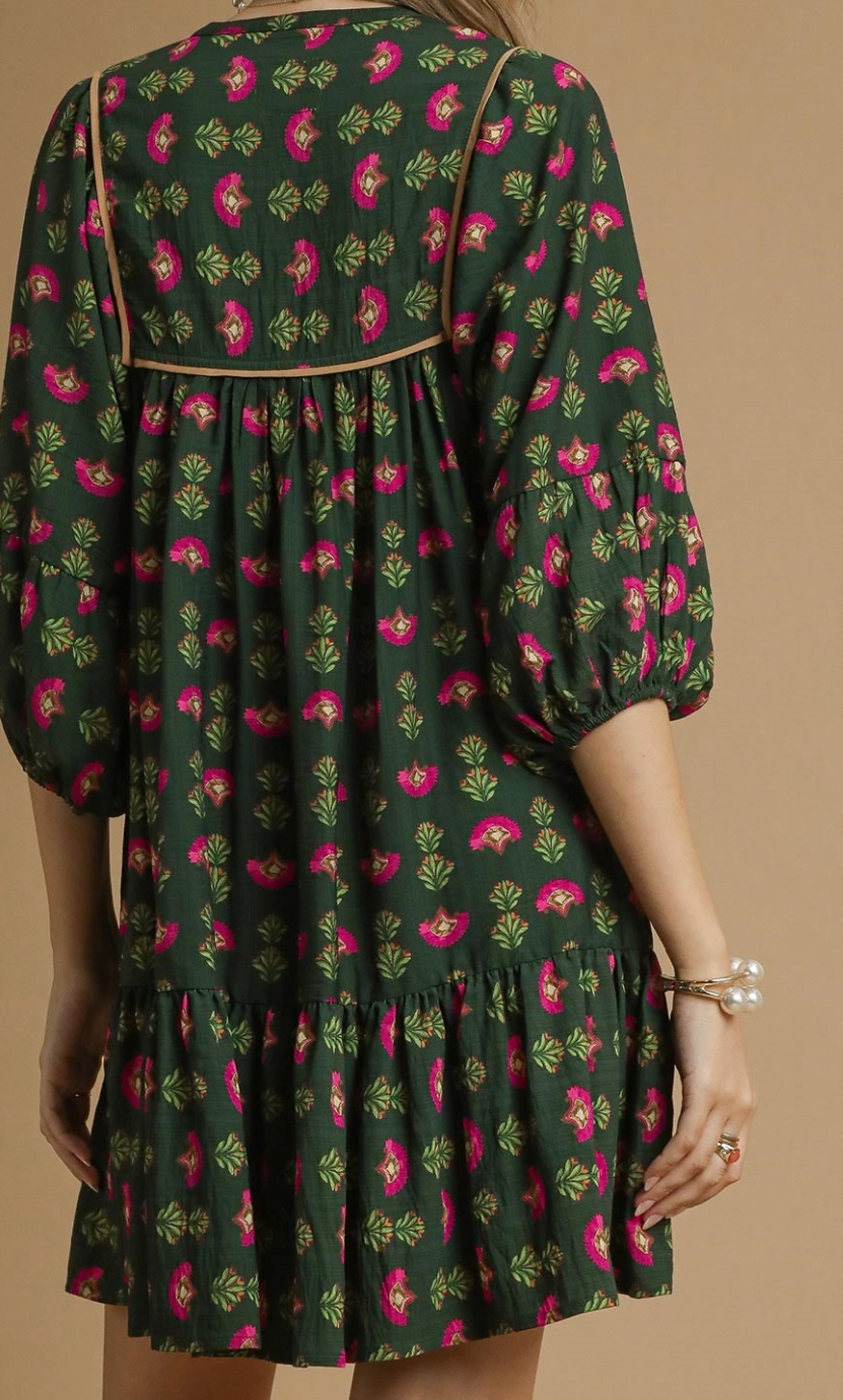 Floral Boho Smocked Yoke Tie Neck Dress-Hunter