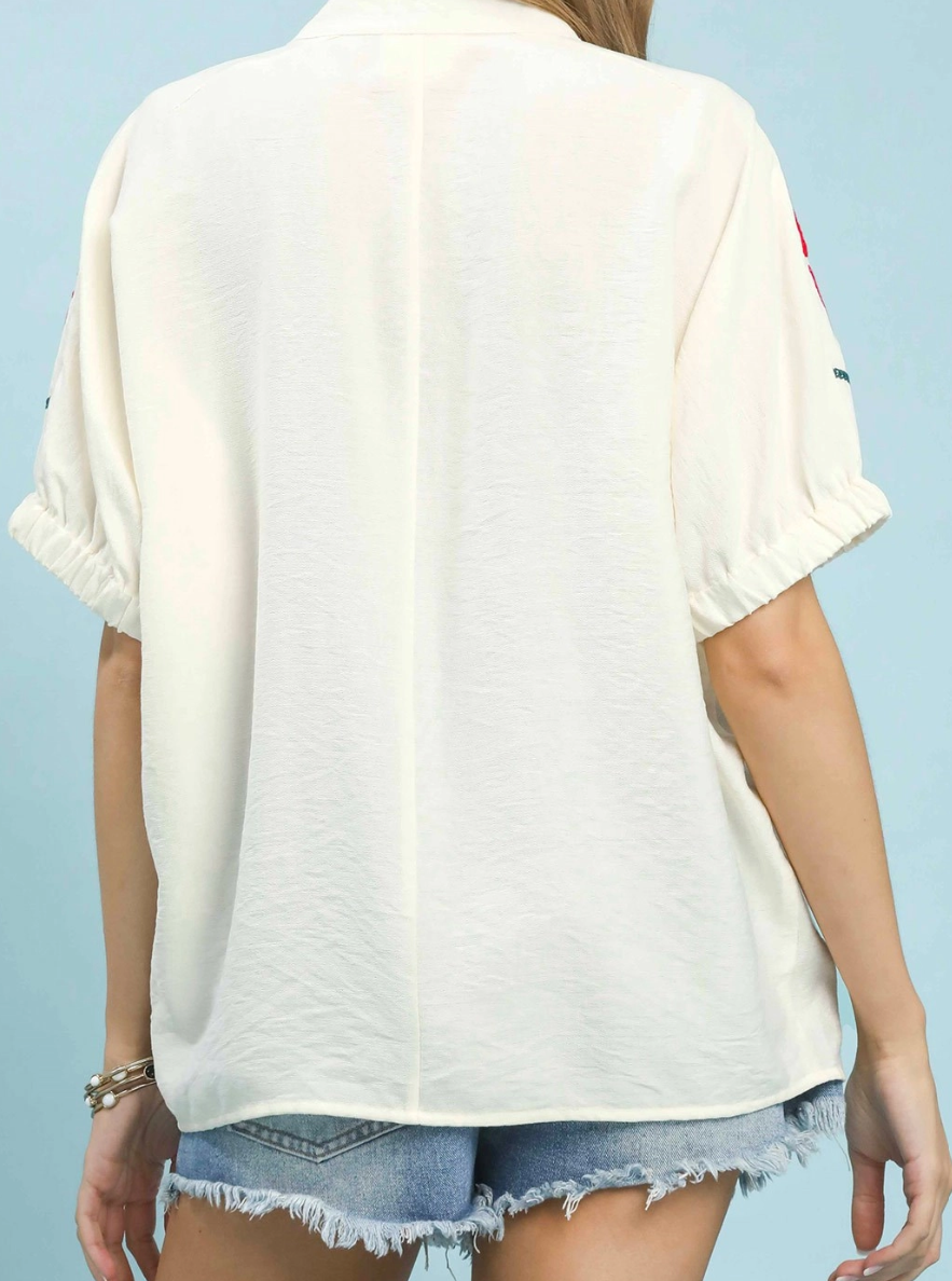 Bright Embroidered Elastic Sleeve Top-Cream