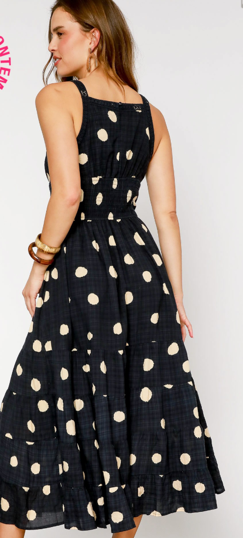 Polka Dot Sleeveless Square Neck Tiered Midi Dress-Black