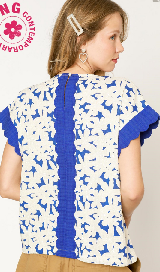 Floral Overlay Scallop Contrast Detail Tie Waist Top-Royal