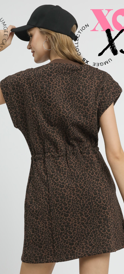 Leopard Crew Neck Tie Waist Dress-Brown
