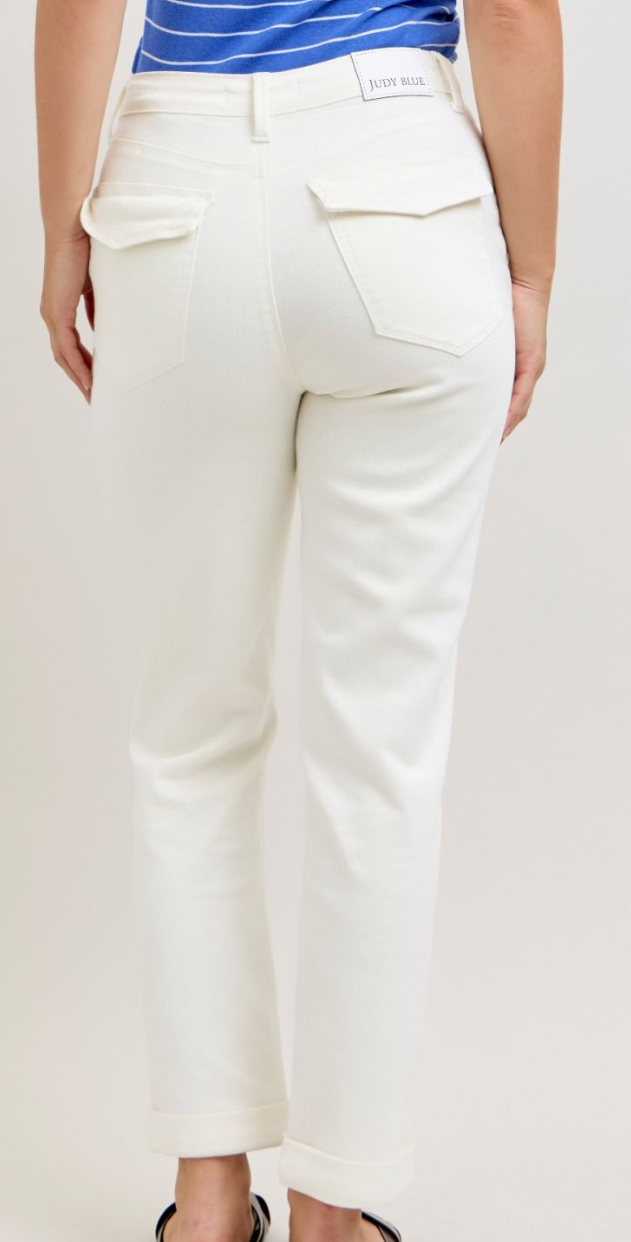 High Waist Patch Pocket Rolled Cuff Denim-Wht