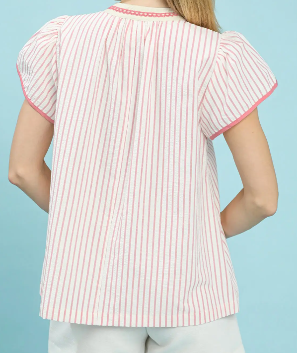 Striped Flutter Sleeve Large Flower Applique Top