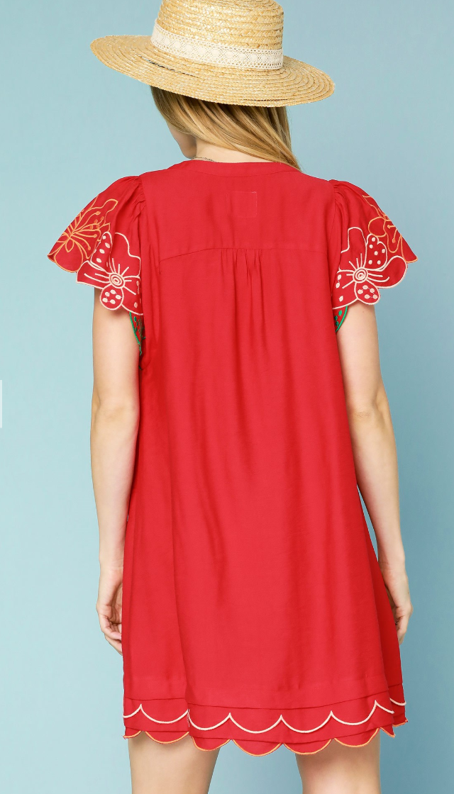 Floral Embroidered Flutter Sleeve Scallop Hem Dress-Red
