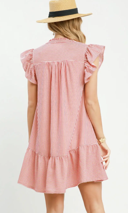 Pinstriped Ruffle Placket Flutter Sleeve Dress