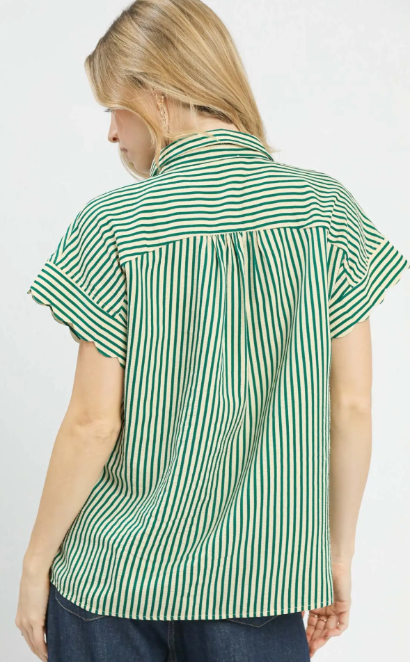 Striped Collared Button Scallop Sleeve Top-Green