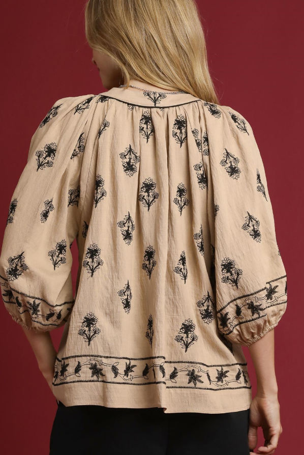 Floral Block Print 3/4 Balloon Sleeve V-Neck Top