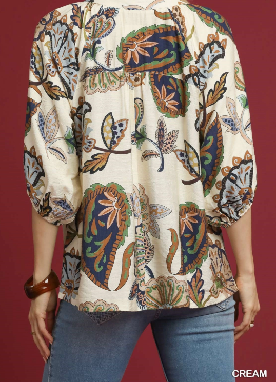 Paisley 3/4 Sleeve Button V-Neck Placket Top-Cream