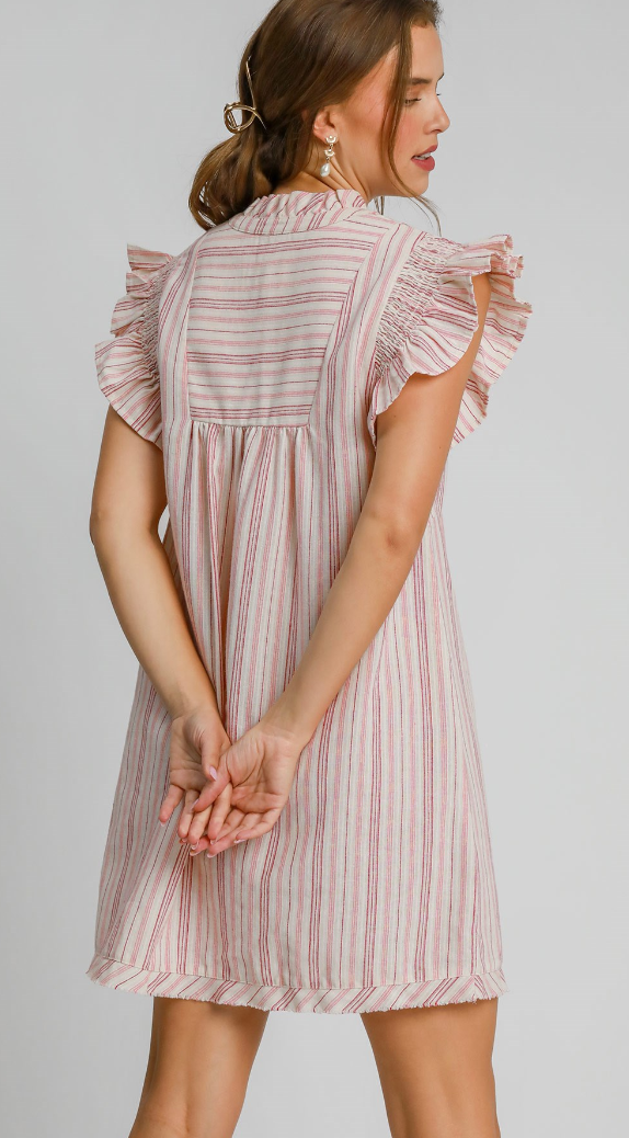 Striped V-Neck Ruffle Sleeve Raw Hem Dress - Pink