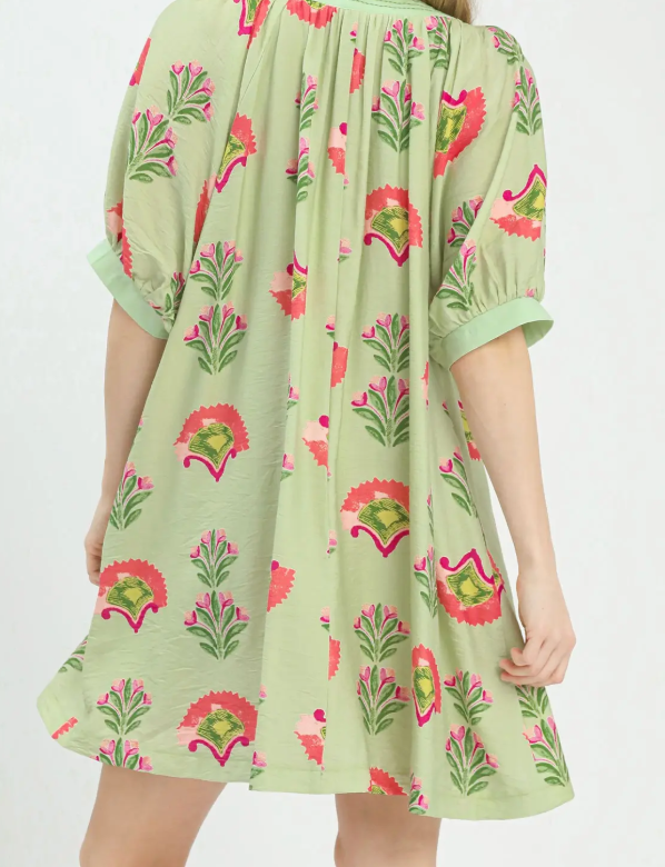 Fan Flower Print Puff Sleeve V-Neck Dress-Sage