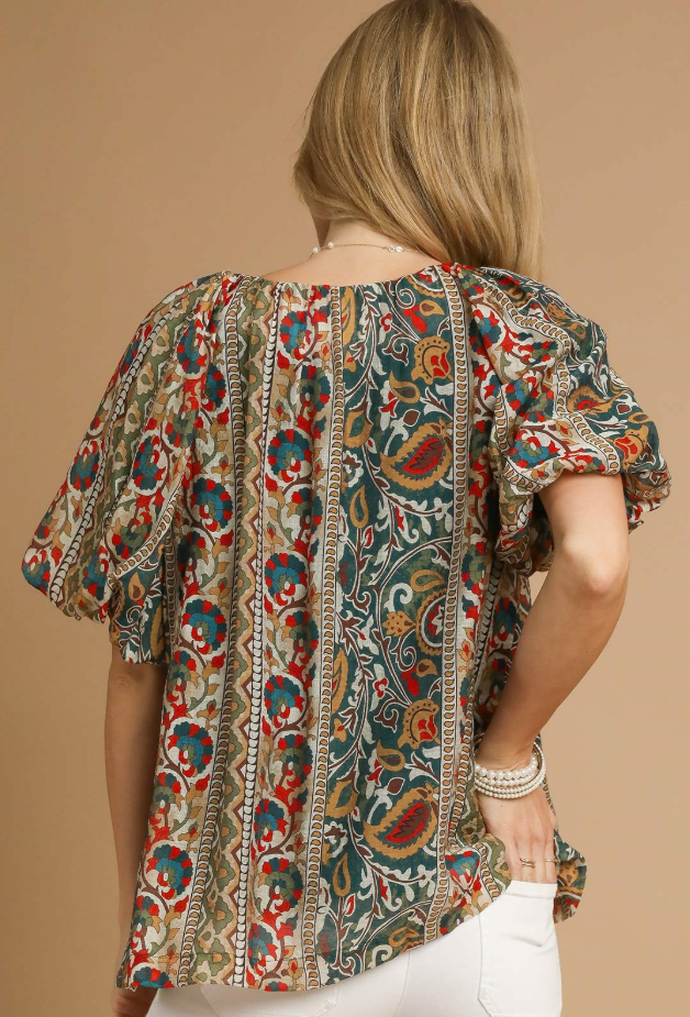 Vertical Boho Print Puff Sleeve Top-Green
