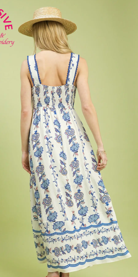 Vertical Floral Wide Strap Midi Dress-Blue