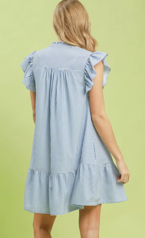 Pinstriped Ruffle Placket Flutter Sleeve Dress