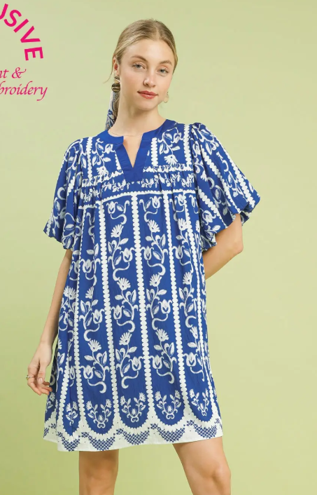 Floral Border Print Split Neck Puff Sleeve Dress