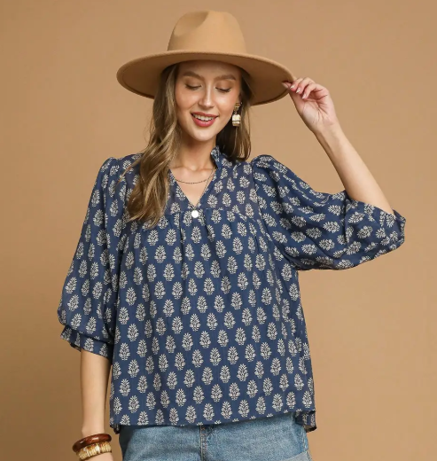 Floral Medallion 3/4 Sleeve Split Neck Top-Blue